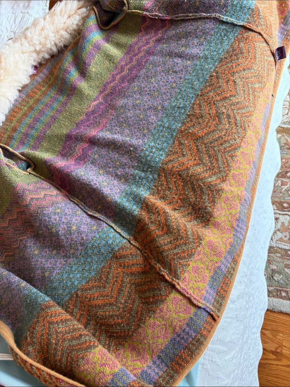 IVKO Extrafine Lambswool Patchwork Cardigan Wrap Sweater Boho MultiColor M Flaws
